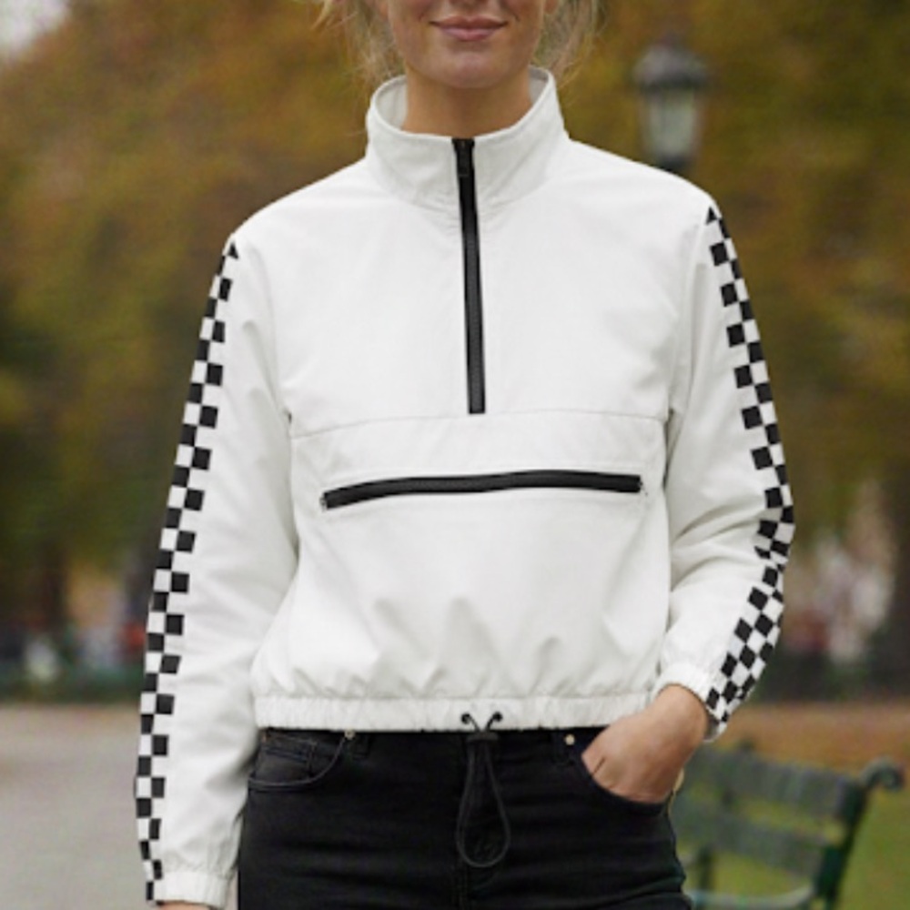 Belle Tweed White Checkered Sleeve 1/4 Zip Cropped Jacket Size M